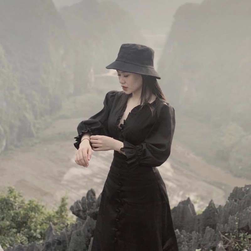 ĐẦM TAY DÀI, NHÚN NGỰC, NÚT BỌC (Có ảnh thật) MS126