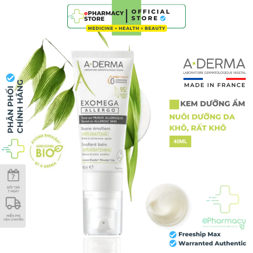 Kem dưỡng ẩm ADerma Exomega Allergo Emollient Balm giảm khô ngứa cho da rất khô, viêm da cơ địa 40ml