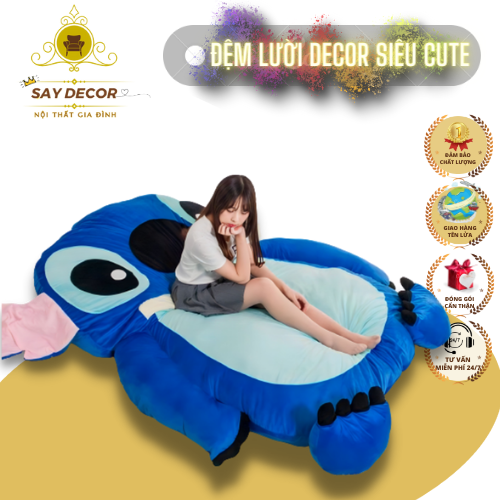 Giường Stitch Xanh-Đệm Giường Lười Thêu Hình Thú Siêu Cute Vải Không xù
