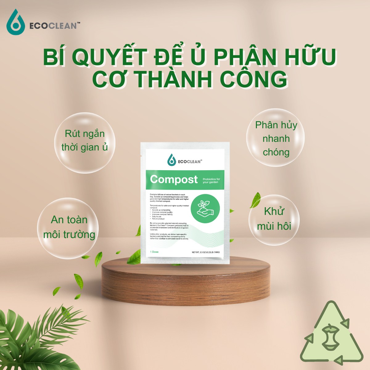 EcoClean COMPOST - Men vi sinh ủ phân nhập khẩu Mỹ - Gói 100g