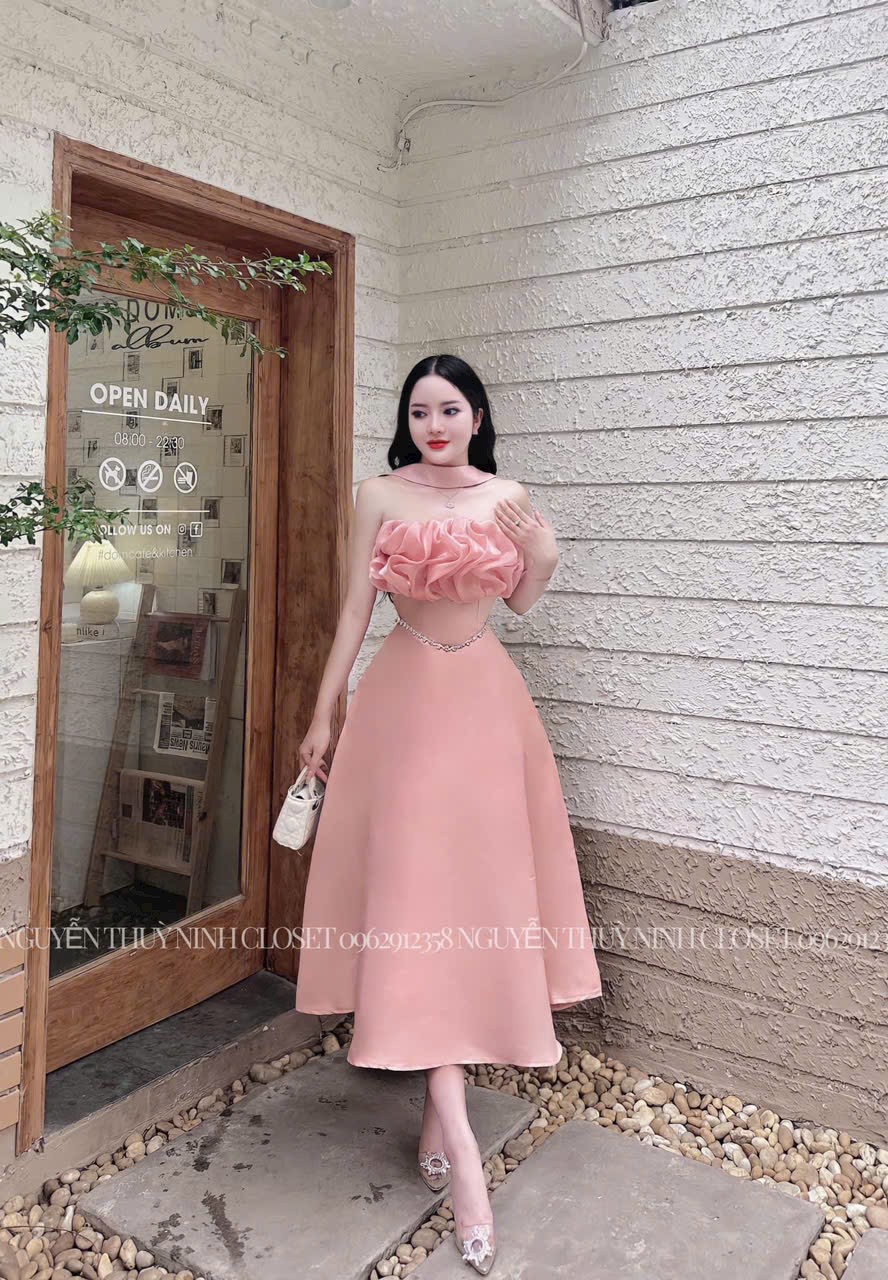 Đầm dạ hội dáng dài cúp ngực dáng xòe đính cườm eo tôn dáng, Đầm đi chơi, dự tiệc cúp ngực dáng dài dây vòng cổ sang chảnh DX