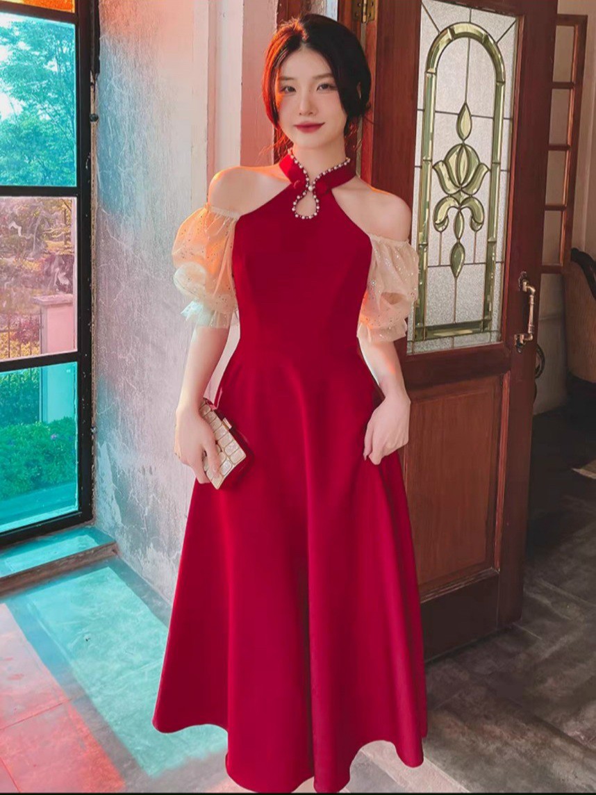 [Mới] Đầm Cổ Yếm Tay Phối Kim Sa Đính Cườm