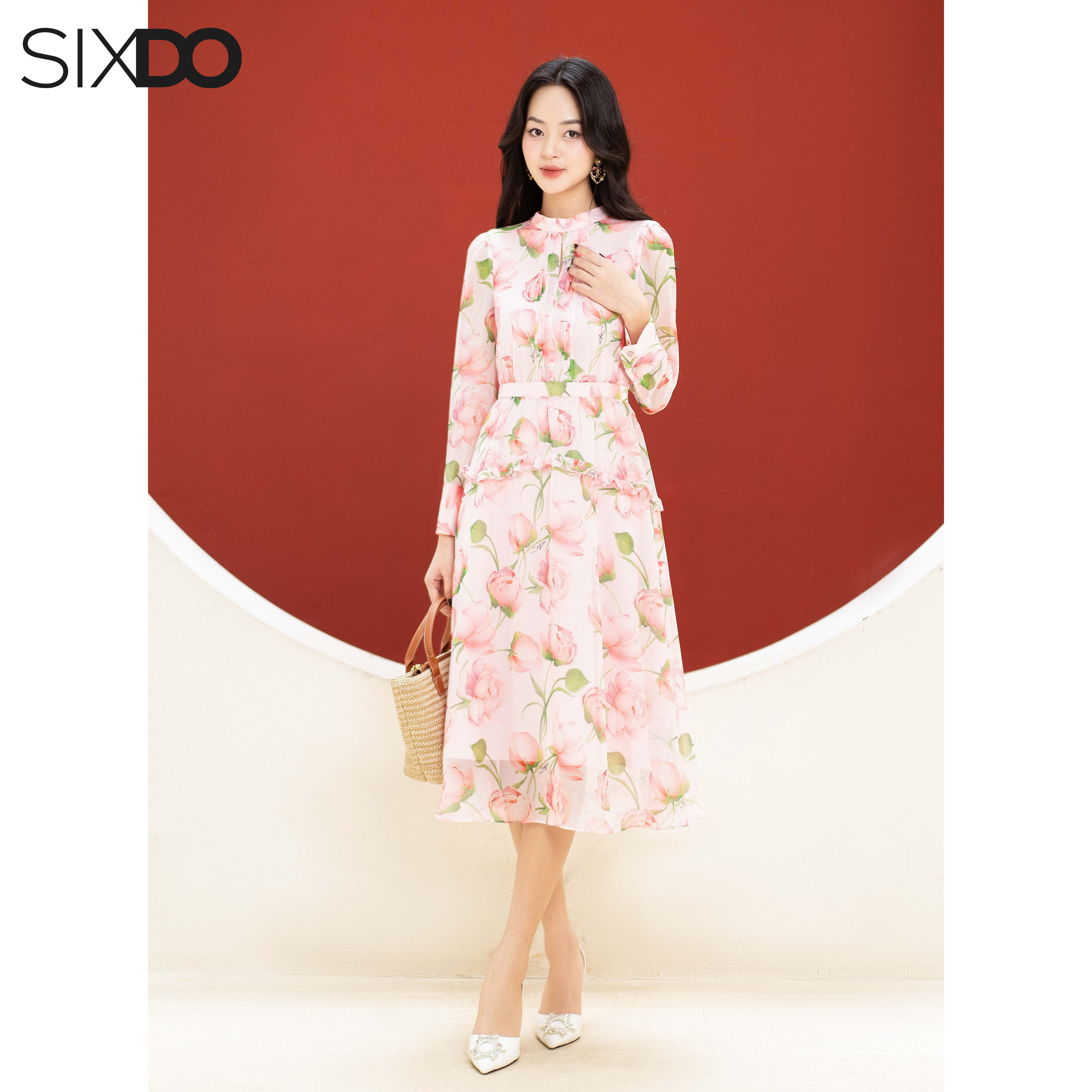 Đầm hồng voan midi dài tay SIXDO