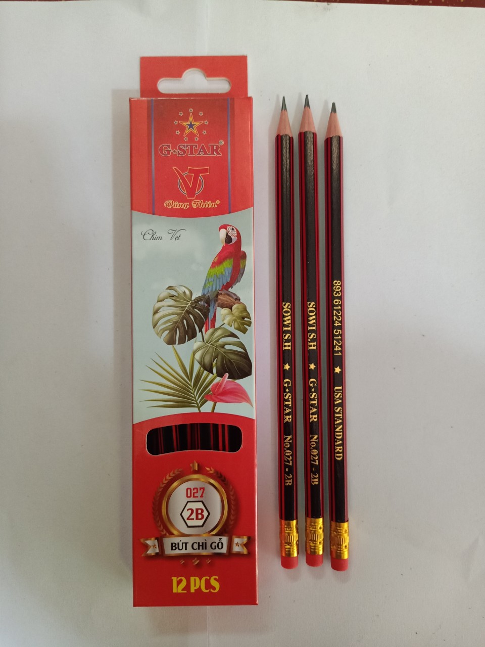 12 CÂY Bút chì đen có gôm 027 -2B (12 cây/hộp)