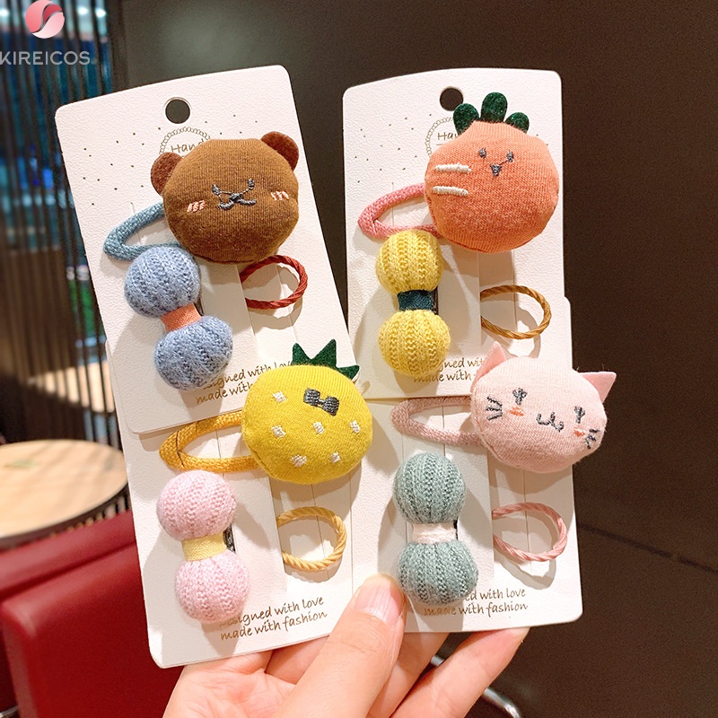 Set 2 Kẹp Tóc Cột Tóc Hình Thú Dễ Thường Và Nơ Len