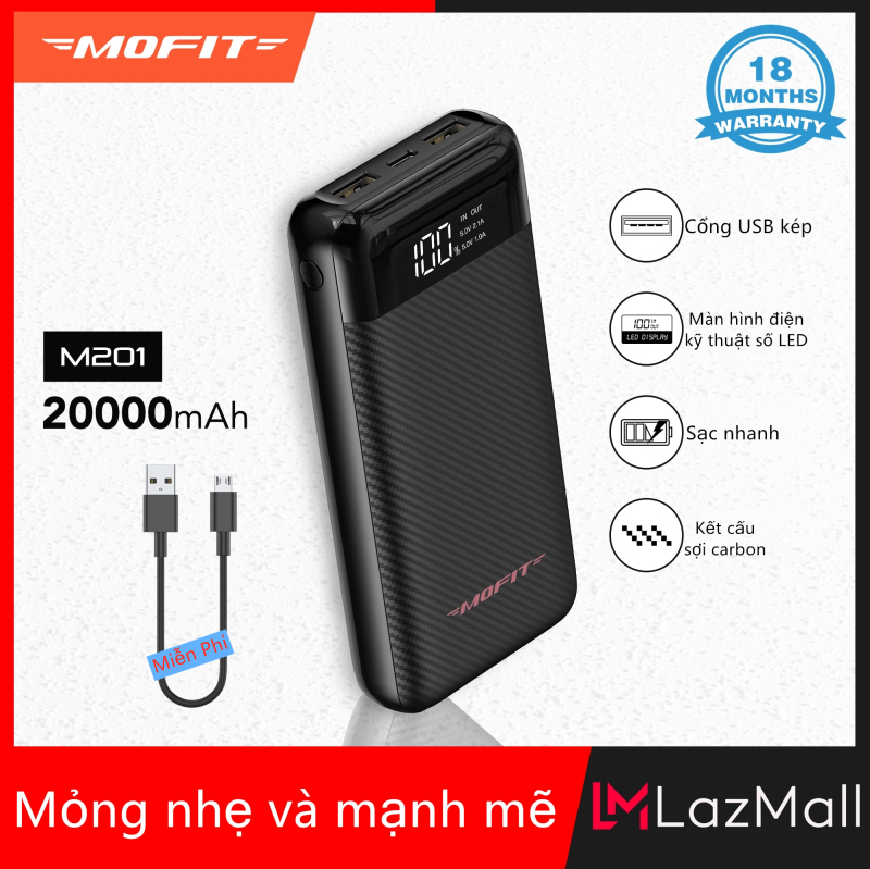 [Siêu Sale][Hàng Quốc tế]Pin dự phòng Mofit M201 20000mAh 2.4A với màn hình kỹ thuật số LED  đầu vào Type C 2.0a đầu ra USB kép 2A
