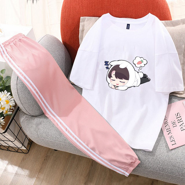 Sét Bộ Đồ Quần Áo Nữ Ngắn Tay Siêu Xinh Cute Chất Liệu Cotton Organic In Họa Tiết Dễ Thương Kèm Quần Thun Sọc Bo Gấu