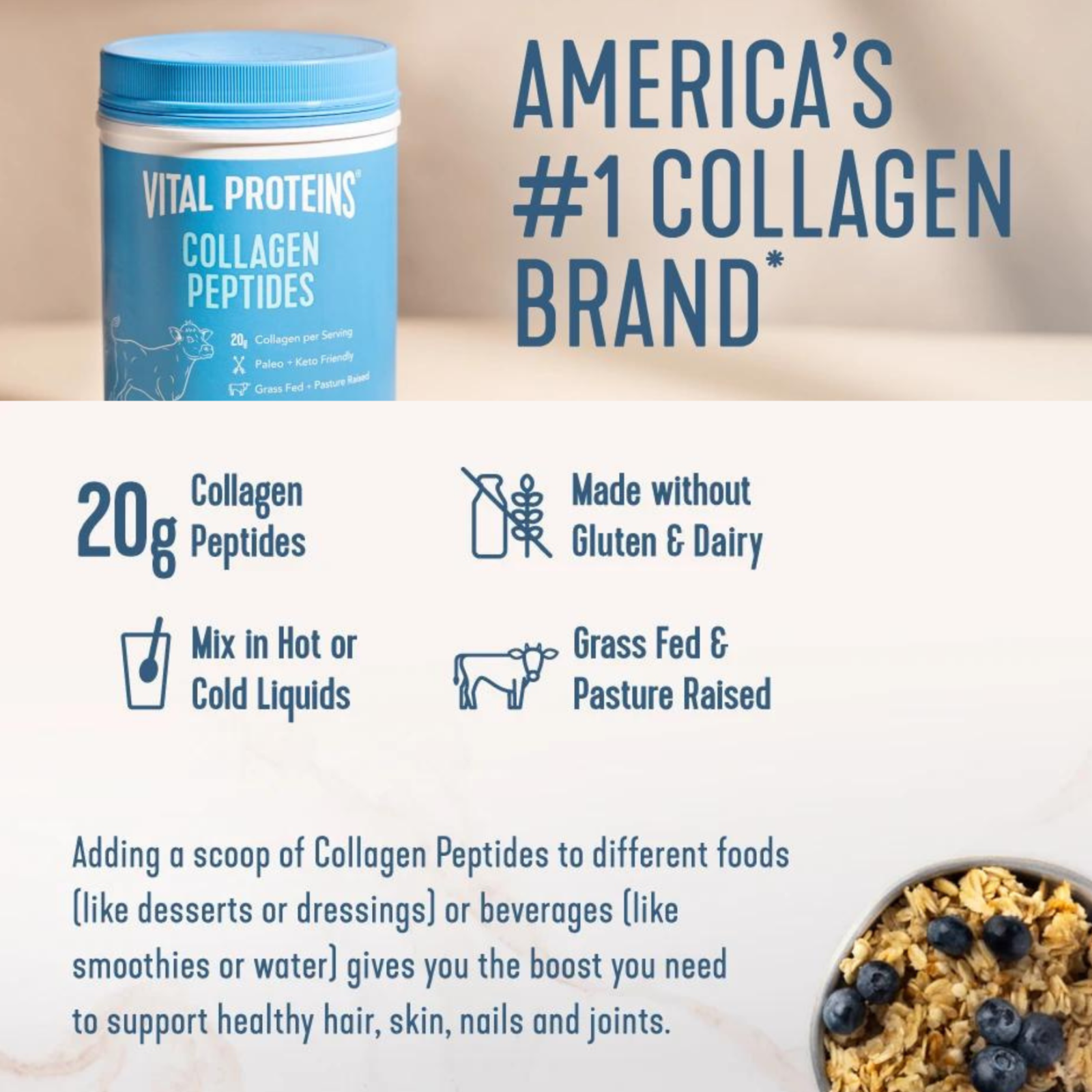 Bột Collagen thủy phân Vital Protein Collagen Peptides đủ vị (không chứa GMO-sữa-gluten)