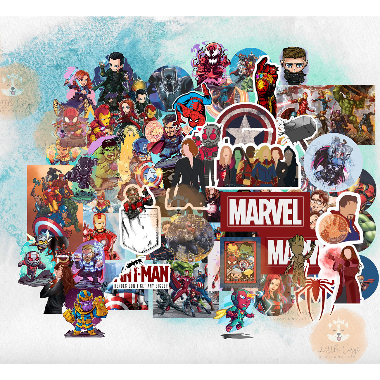 Set 60/30 hình dán sticker siêu anh hùng Marvel Avenger chibi hoạt hình dễ thương