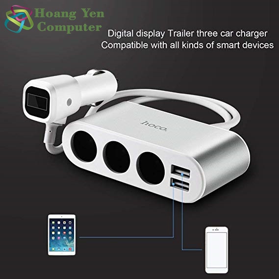 Cốc sạc xe hơi hoco z13 3 cổng tẩu sạc, 2 cổng sạc usb - bh 1 năm - hoàng yến computer