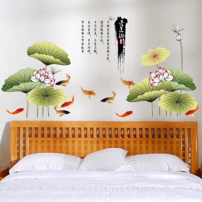 Decal dán tường, tranh dán tường đầm sen và cá