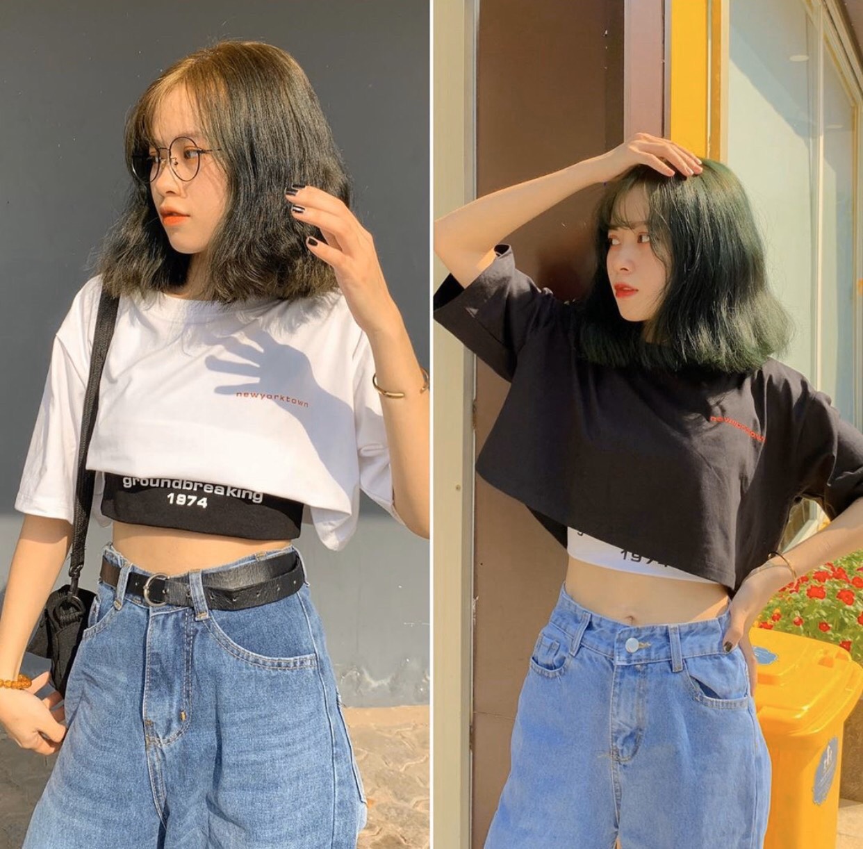 Set áo ba lỗ đen 1974 thun lụa kèm áo croptop