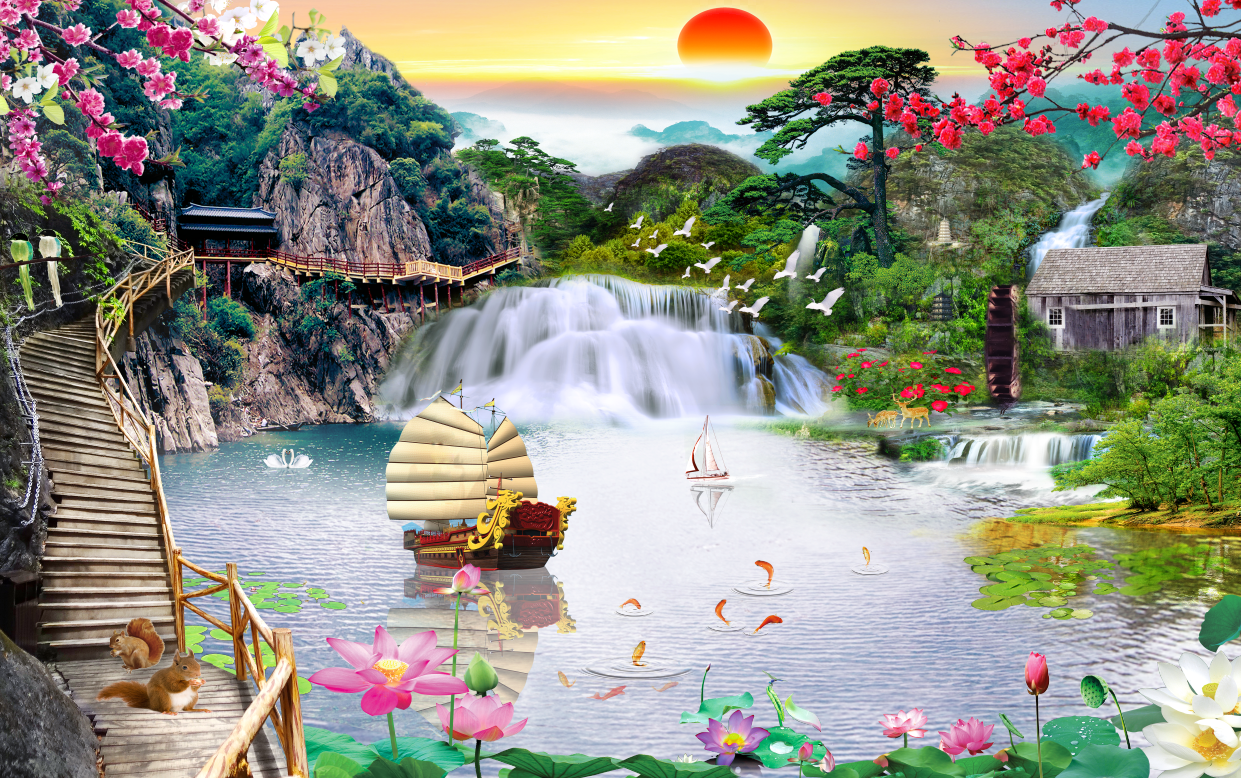 Tranh dán tường 3d phòng khách sơn thủy hữu tình