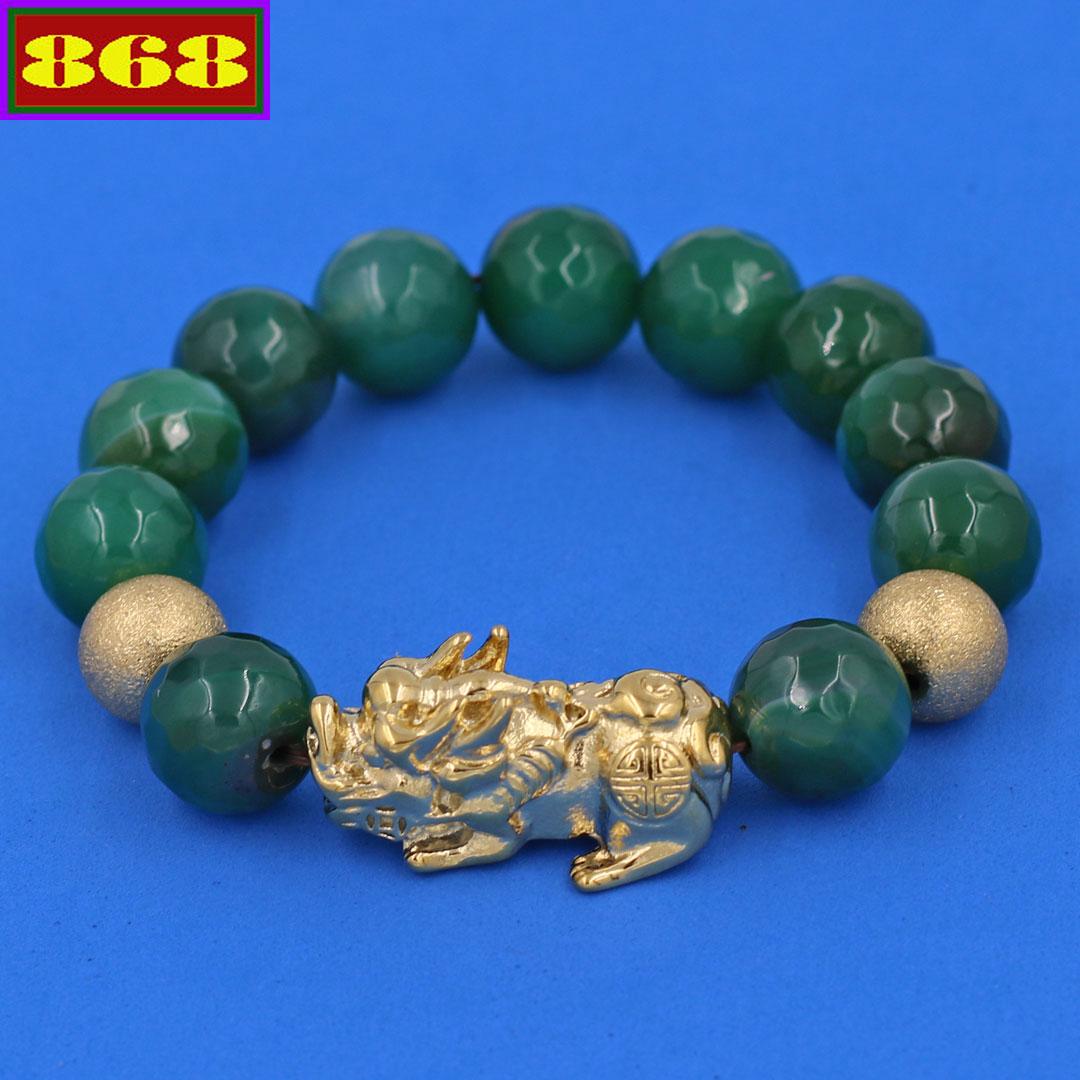 Vòng tay đá thạch anh xanh lá cắt giác 14 ly - Chuỗi tỳ hưu inox vàng VTAXLGTHHBV14