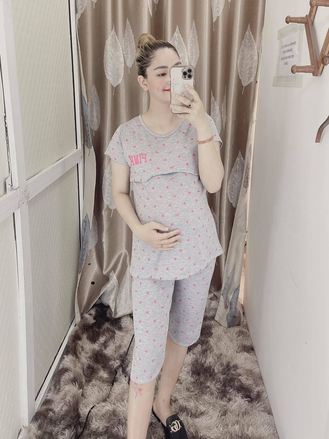 Bộ Lửng Bầu Và Sau Sinh Chất Cotton Cao Cấp (Cổ tròn chữ pink)