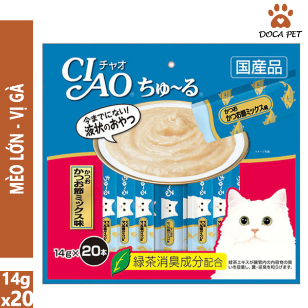 Thức ăn cho mèo pate Ciao churu súp thưởng dạng kem túi 14g x 20 gói 4 hương vị soup nhật, cá ngừ, phi lê gà, sò điệp phù hợp với mọi độ tuổi - Doca Pet
