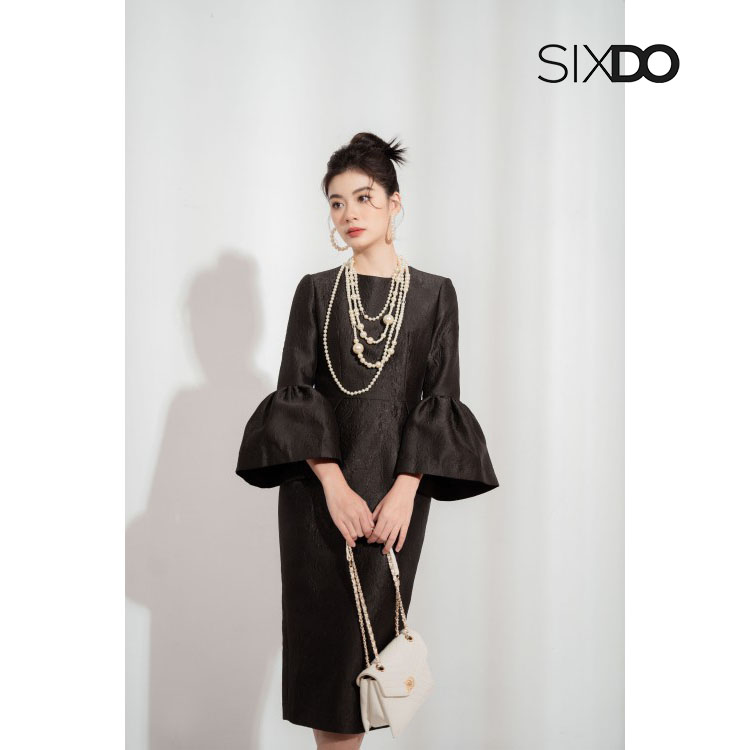 Đầm gấm bút chì tay loe thời trang SIXDO (Black Flute Sleeve Midi Brocade Dress)