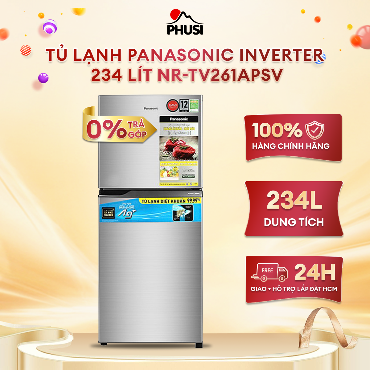 Tủ lạnh panasonic inverter 234 lít nr-tv261apsv - hàng chính hãng