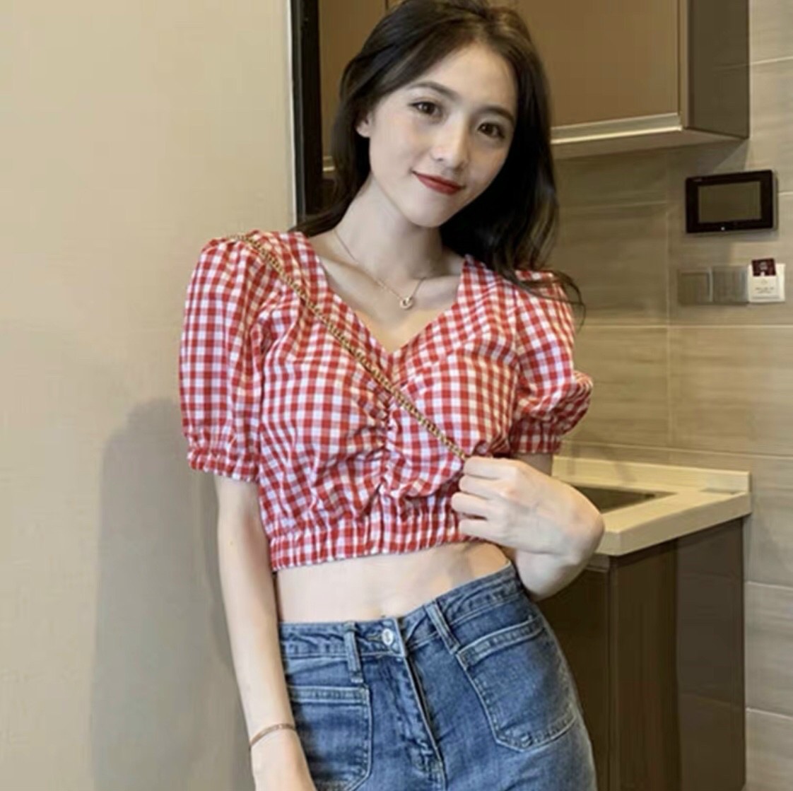 Áo caro rút ngực form croptop 50kg