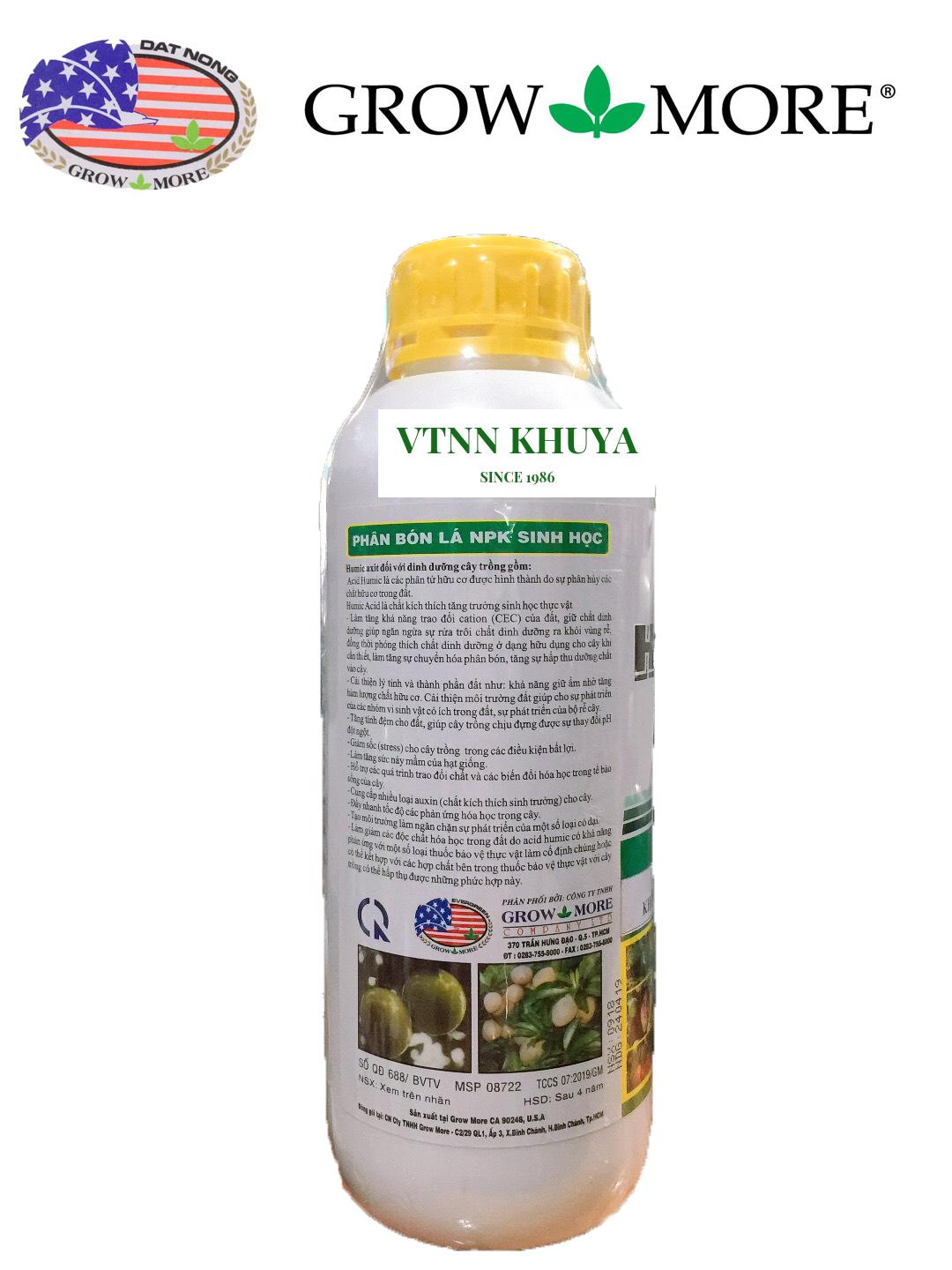 Phân bón lá Growmore Humer H1 Humic Acid 322 loại 1 Lít Phát Triển Thân, Chồi, Lá