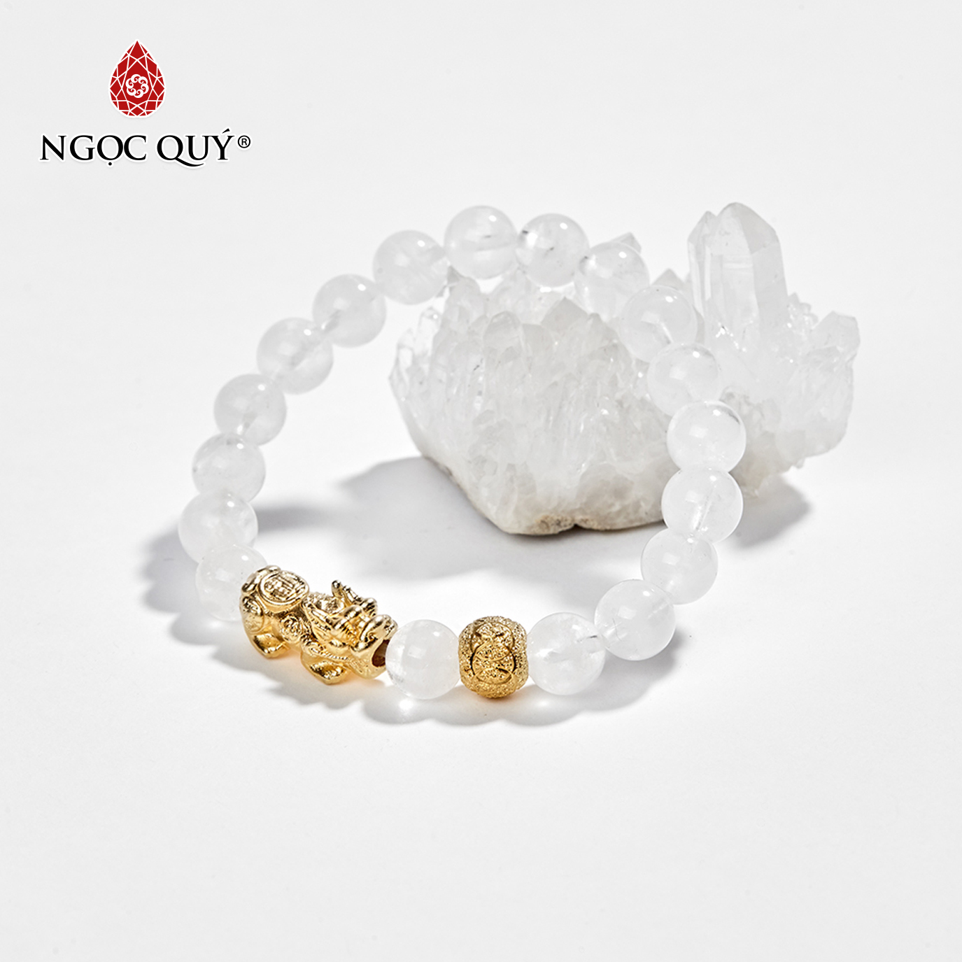 [HCM]Vòng Tay Phong Thủy Nữ Mệnh Kim  Thủy Đá Thạch Anh Ưu Linh Trắng Phối Bạc size hạt 8mm - Ngọc Quý Gemstones