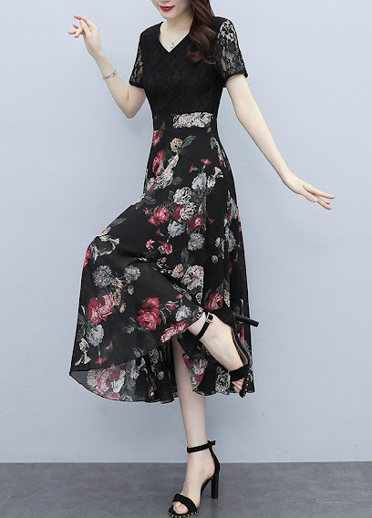 Đầm vintage cổ v tay ren