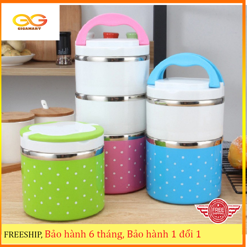Cặp lồng cơm , cà men 1,2,3 3 tầng giữ nhiệt chấm bi ruột inox - Hộp cơm 3 tầng chấm bi ruột inox giữ nhiệt tốt