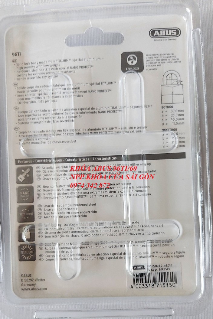 [HCM-CHÍNH HÃNG]Khóa Siêu Nhẹ ABUS Titalium 96Ti/60