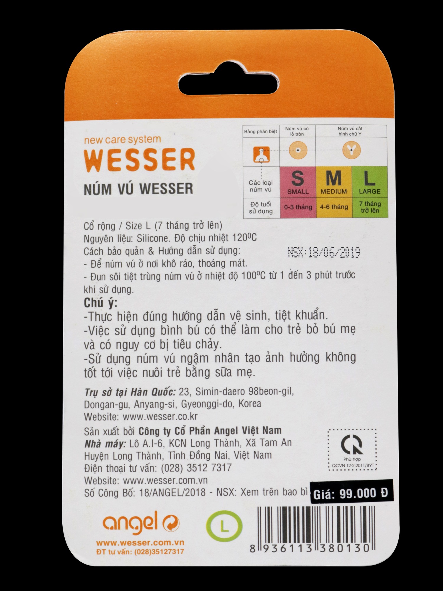 Ty bình sữa Wesser cổ rộng size L - 2 cái/vỹ