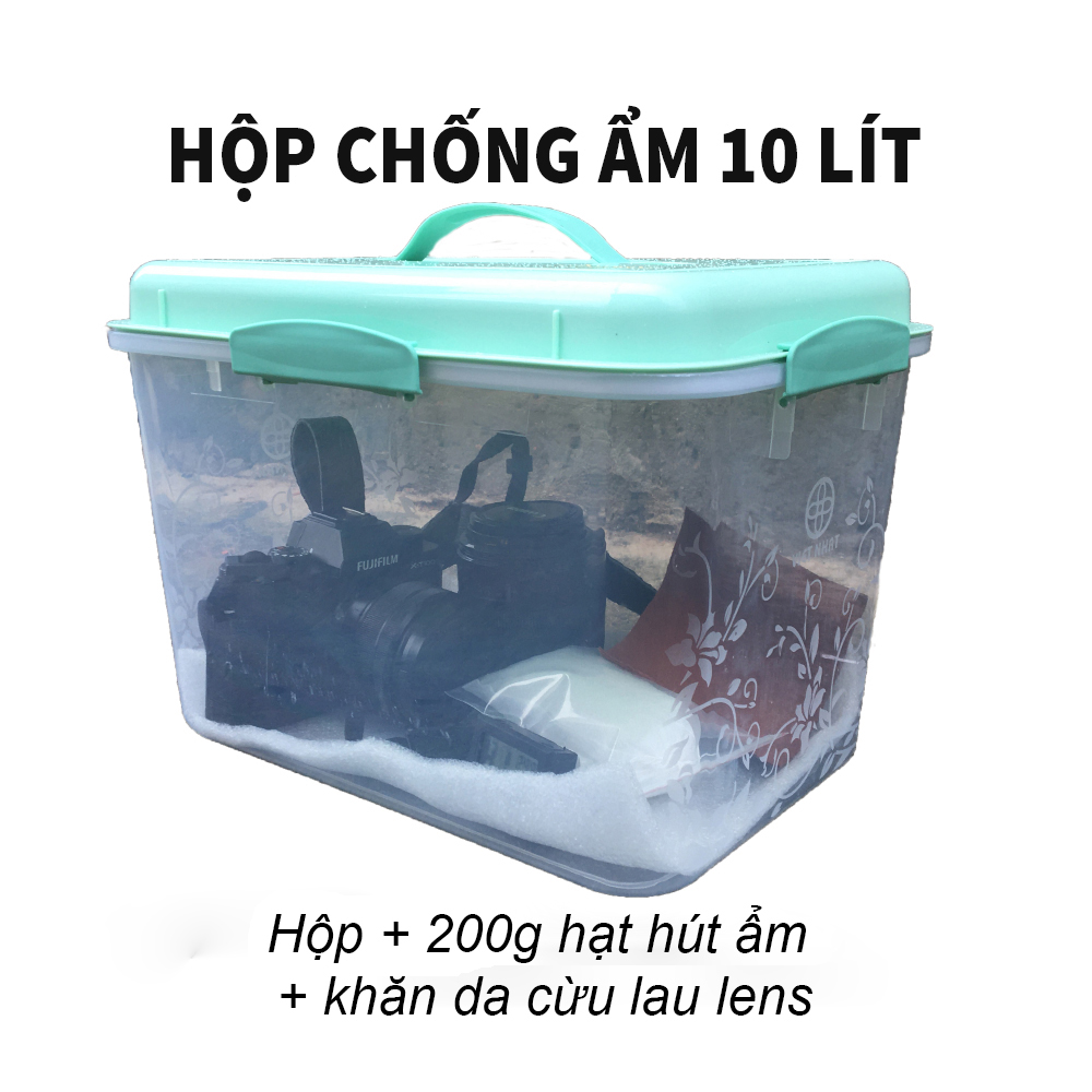 Combo hộp chống ẩm máy ảnh loại 10 lít 4 Khóa bao gồm hộp + ẩm kế + 200g hạt hút ẩm tặng khăn da cừu lau lens
