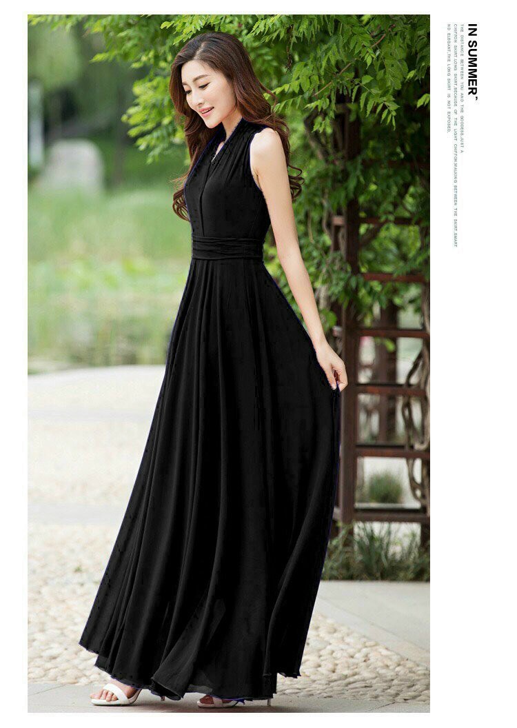 đầm maxi dài đỏ-đen cổ v sang trọng