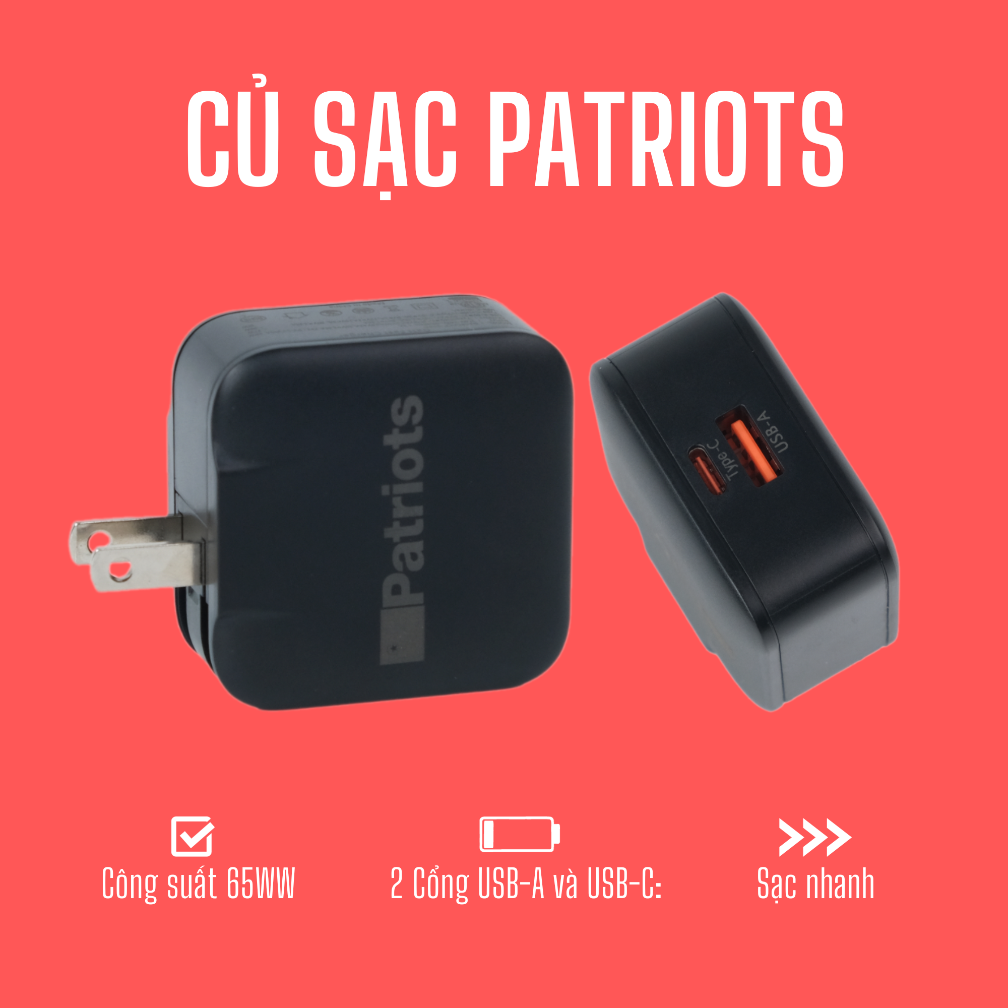 Củ sạc Pa.tri.ots Công Suất 65W 2 Cổng USB-A và USB-C: