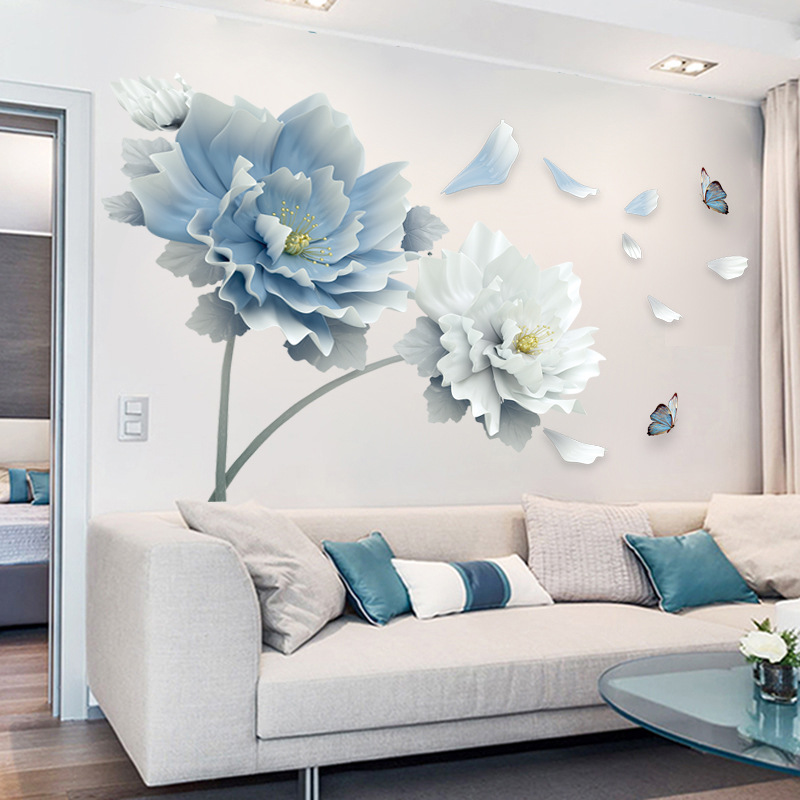 Decal dán tường hoa 3D xanh trăng