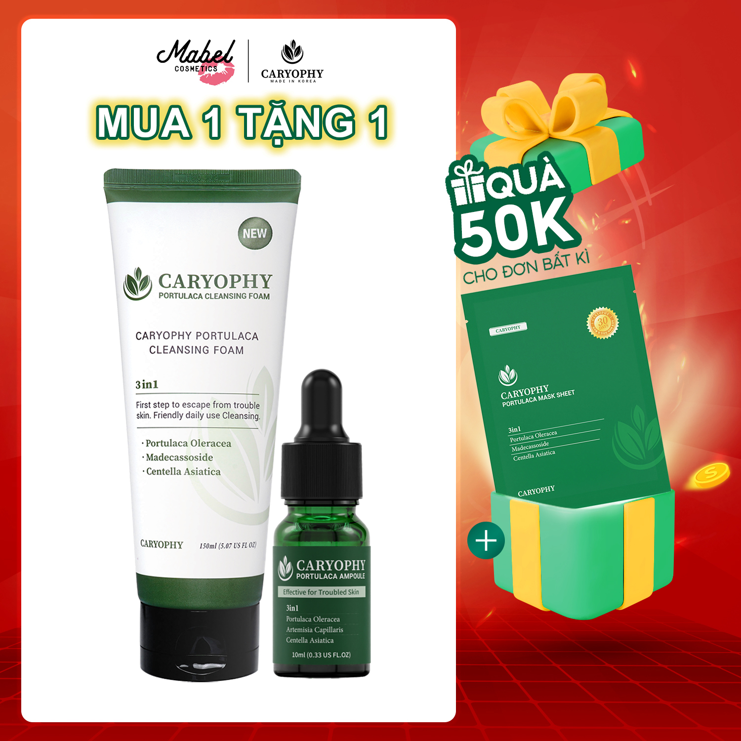 Combo chăm sóc da giảm mụn mờ thâm Caryophy Portulaca (Serum giảm mụn 10ml - Sữa rửa mặt da mụn 150ml)
