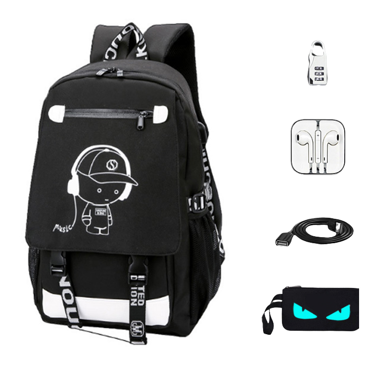 Balo nam dạ quang phát sáng hình Chú bé nghe nhạc, Tặng kèm cáp sạc USB & Khóa số chống trộm, Tai nghe, Ví mắt dạ quang