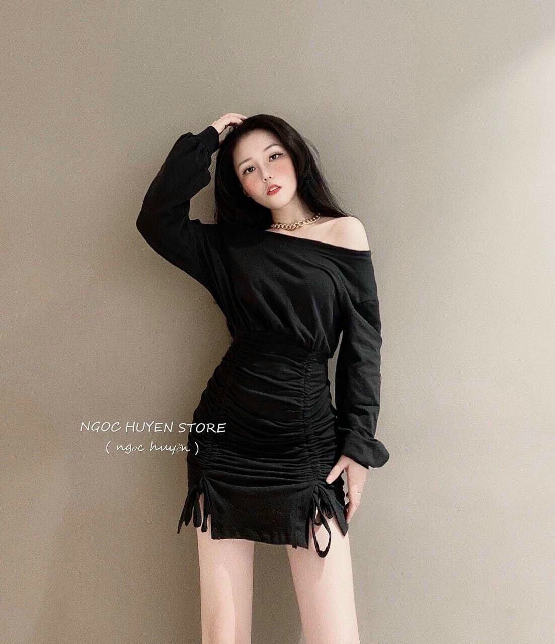 [HCM]Đầm trễ vai tay dài rút hông hai bên #damtrevai