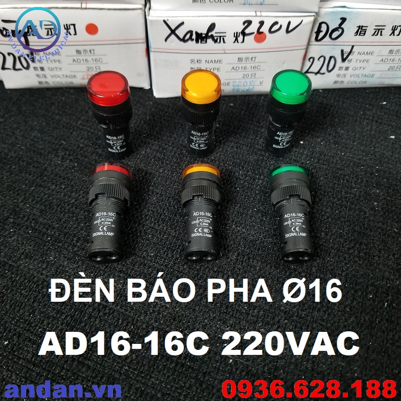 Đèn báo nguồn LED phi 16mm AD16-16C (Đỏ, Vàng, Xanh), Đèn báo pha AC 220V, AC/DC 24V