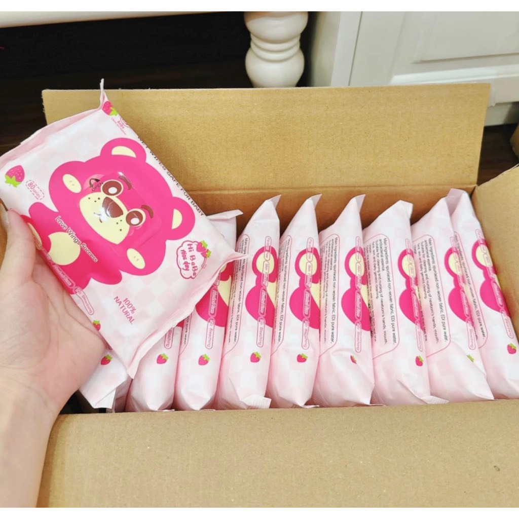 Hộp 10 gói khăn ướt gấu dâu lotso - khăn giấy ướt gấu không thùng