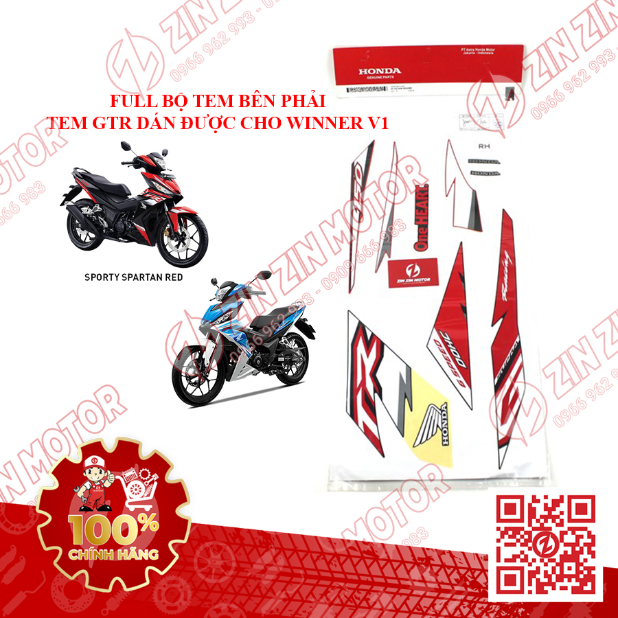 Tem Honda Racing GTR Trắng Đỏ Phải Trái  Winner V1, Winner GTR Indo 871X0K56ND0ZBR 871X0K56ND0ZBL ZIN ZIN MOTOR
