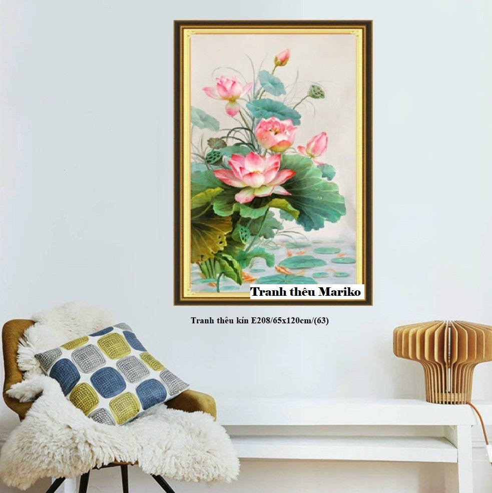 Tranh thêu kín hoa sen e208 kích thước 65 x 120 cm