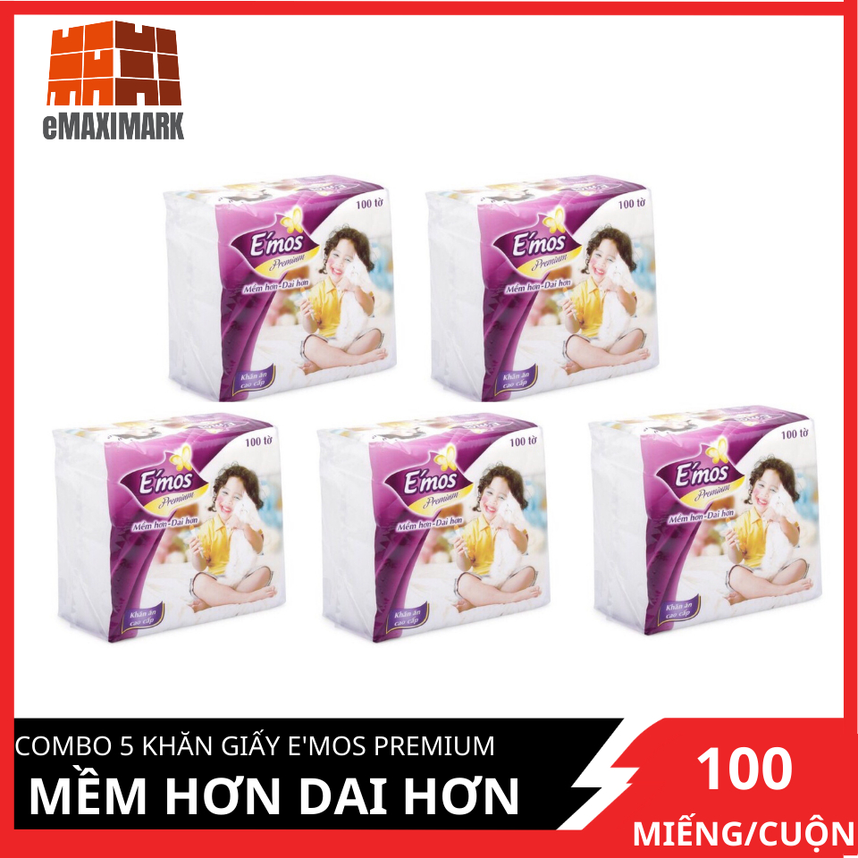 Combo 5 khăn giấy e'mos premium mềm hơn dai hơn gói 100 miếng