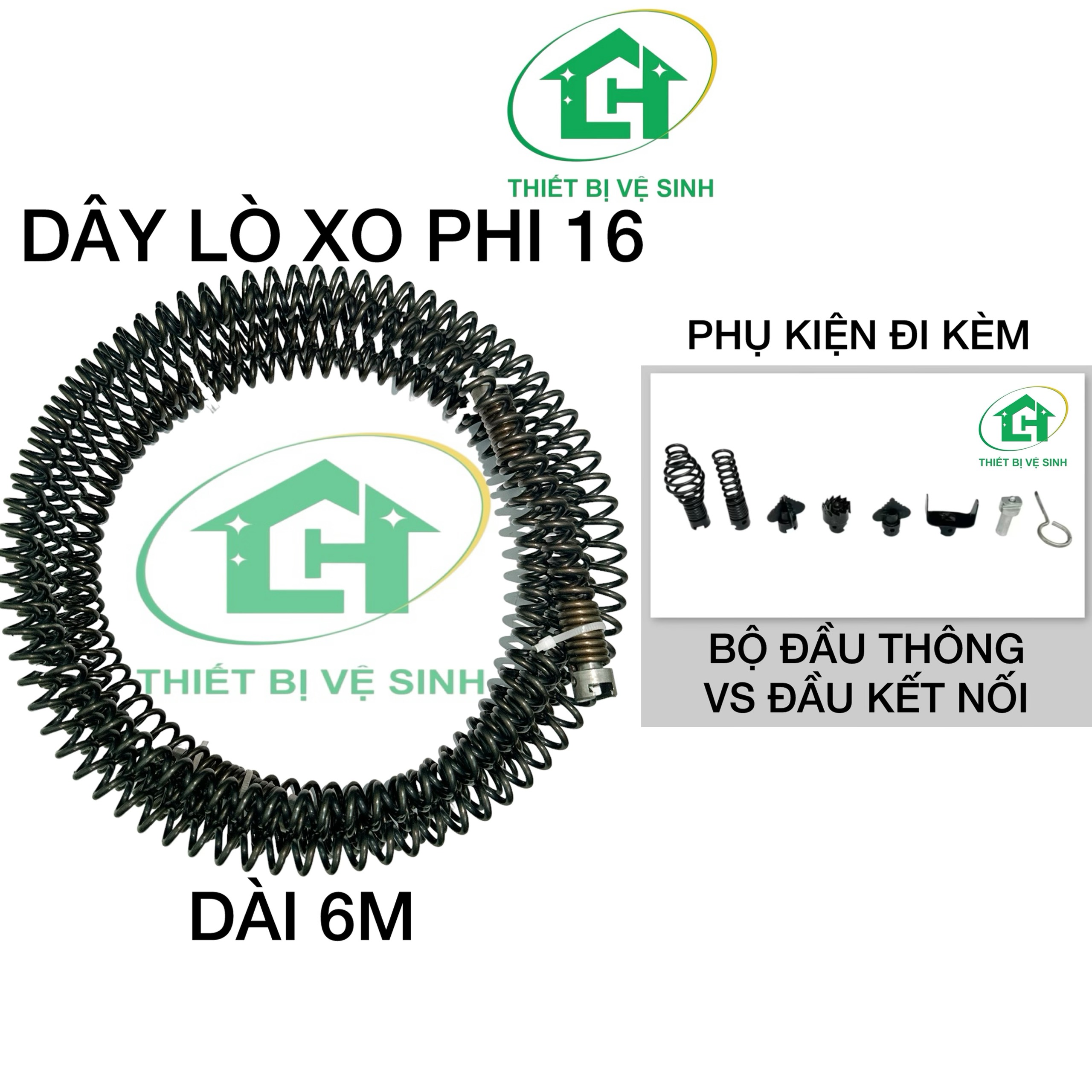 Dây Thông Tắc Cống Lò Xo Dùng Cho Máy Khoan ( Gồm Dây Lò Xo Phi 16 + 6 đầu thông + 1 đầu kết nối )