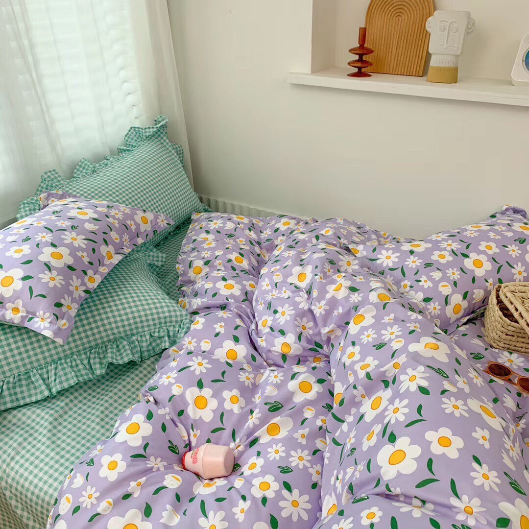 Trọn Bộ 4 Món Chăn Ga Gối Cotton Poly Nhập Mẫu HOA TÍM MỘNG MƠ