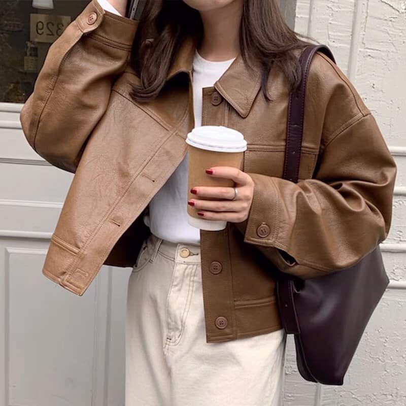 Áo khoác da nữ hot trend 2 màu nâu,đen