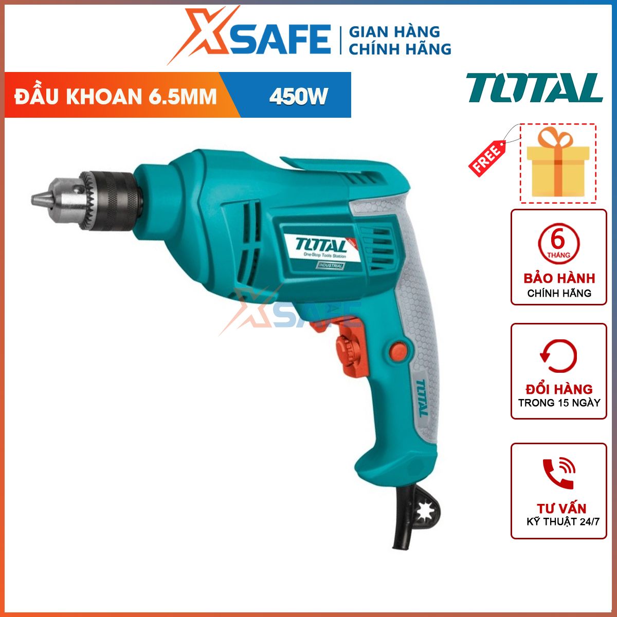 Hand drill total TD4506E power 450W, speed 3200rpm, top 6.5mm drill, drilling capacity Iron 6mm, Wood drilling 20mm, voltage 220V-240V machine shoot screw-genuine-xsafe