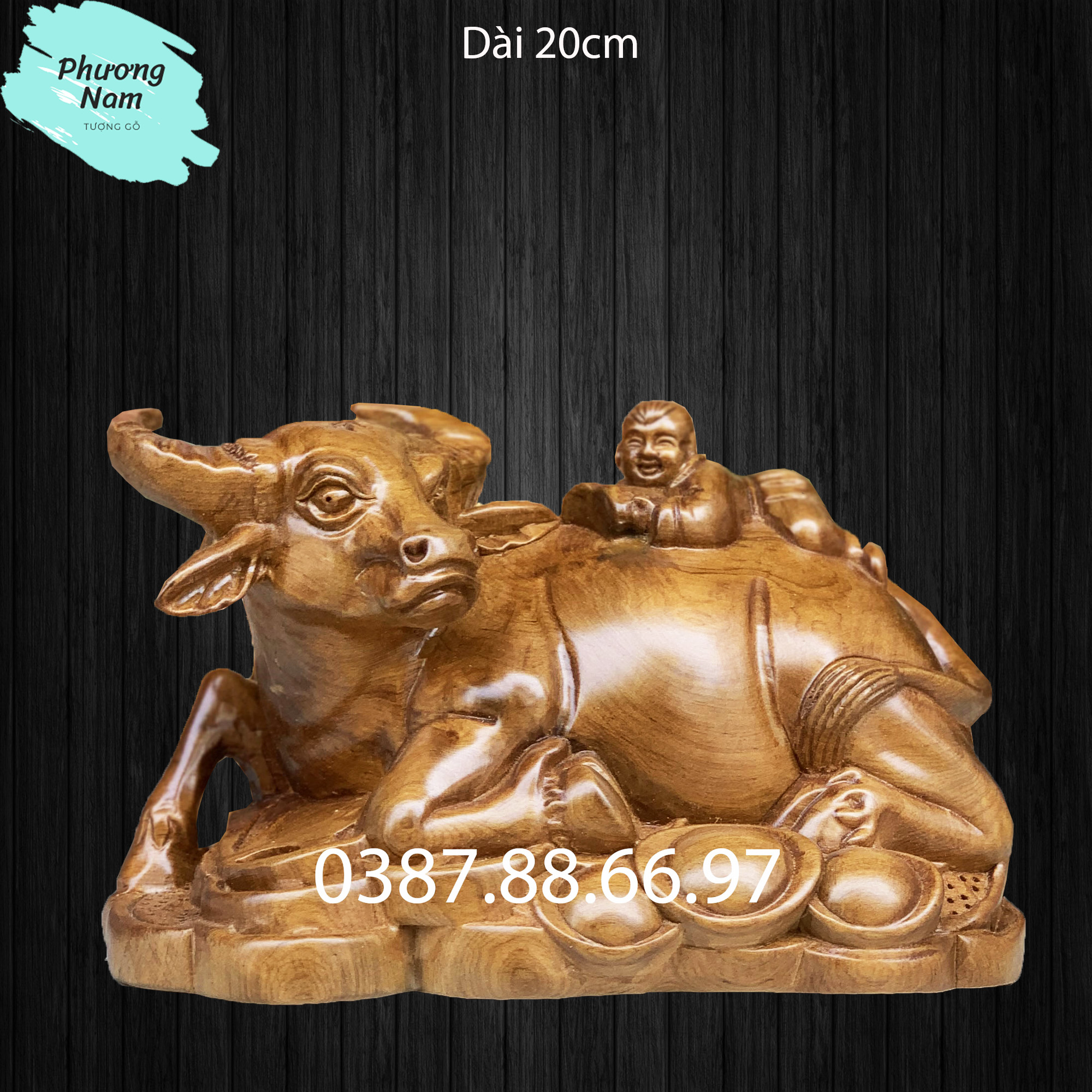 Tượng gỗ trâu em bé rộng 20cm được làm bằng gỗ bách xanh