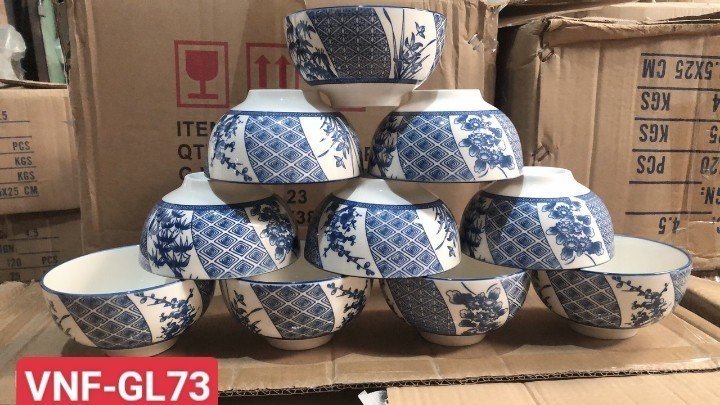 Combo 10 chén sứ, 5 chén cơm  hoa văn mẫu hoa xanh GL73 , chén cơm trắng 11cm, chén chấm trắng 8.5cm