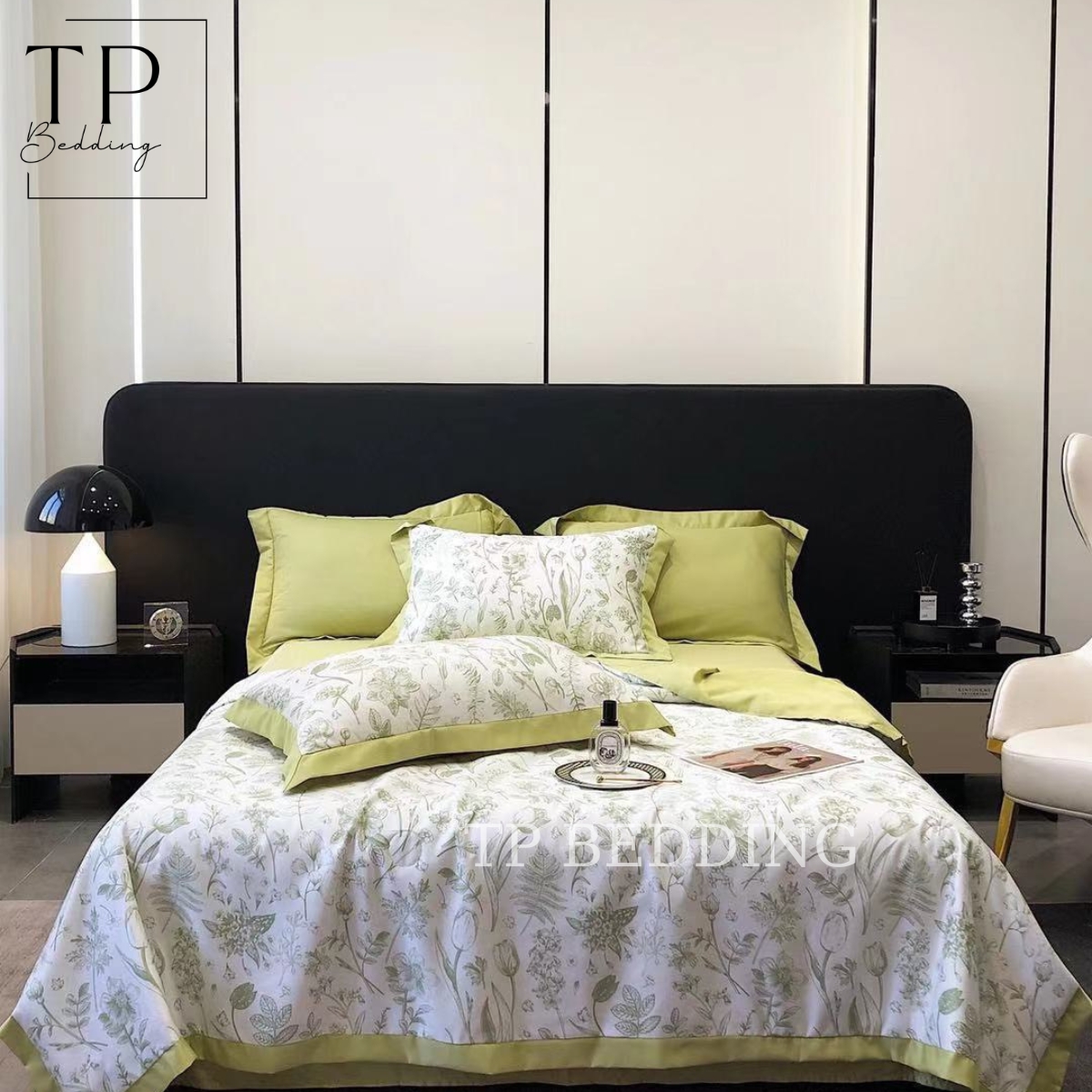 Bộ chăn ga gối phi lụa cao cấp thêu họa tiết Genji Decor