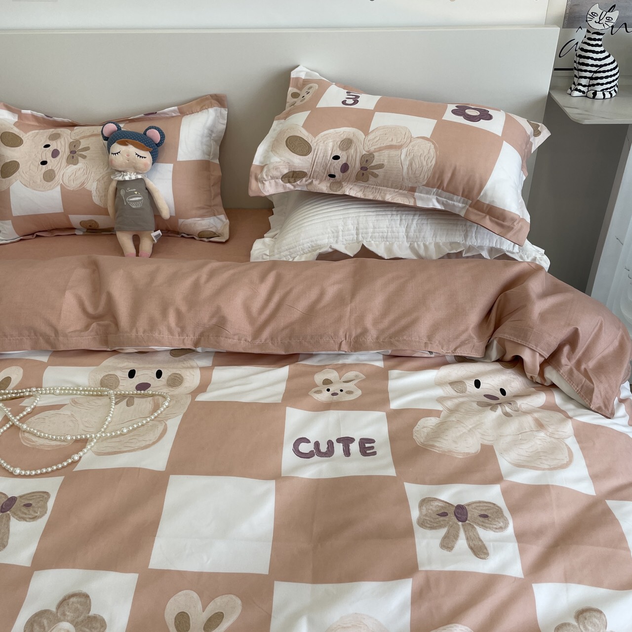 Bộ chăn ga gối cotton poly - Mẫu gấu hồng