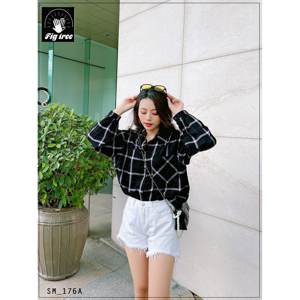 Áo đôi form rộng caro đen trắng FIG TREE mã 176A( hàng thiết kế - kèm cận cảnh)